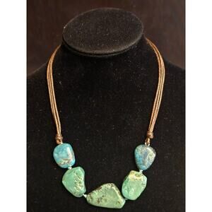 Vintage Hand Crafted Turquoise Nugget Pendant Necklace Leasther Cord 18"